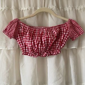 red and white gingham milkmaid top